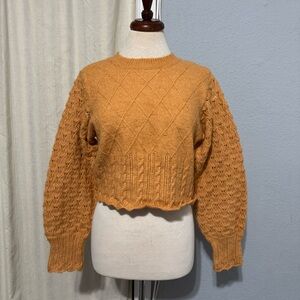 Lush Wool Blend Mustard Cropped Boxy Bell Sleeve Knitted Crew Neck Sweater Sz M